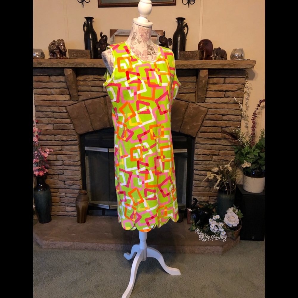 Sleeveless Citrus Print Shift Dress - White with Orange, Green & Pink - Picture 3 of 8
